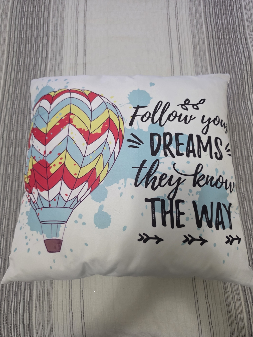 White Throw Pillow with Multicolor Hot Air Balloon Like New